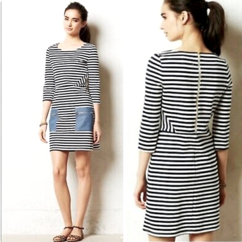 ANTHROPOLOGIE Tabitha Blue White Marin Striped Pocket Dress Size 4 Like New